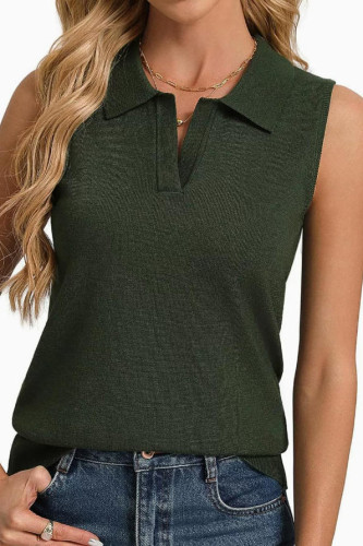 Polo Collar Solid Color Sleeveless Knitted Vest
