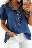 Bubble Short Sleeved Pleated Denim Shirt