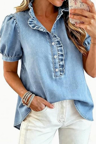 Bubble Short Sleeved Pleated Denim Shirt