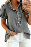Bubble Short Sleeved Pleated Denim Shirt