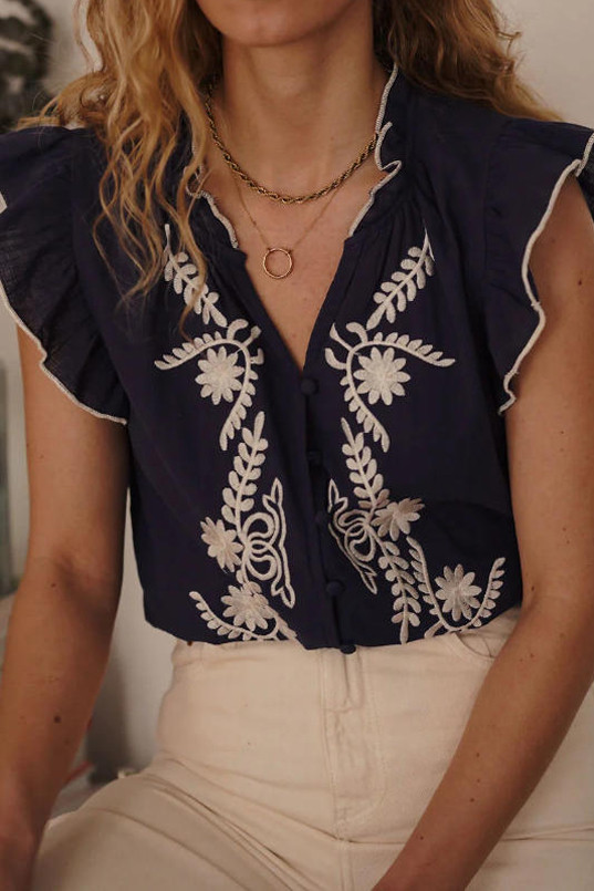 French Sleeveless V-Neck Embroidered Vest