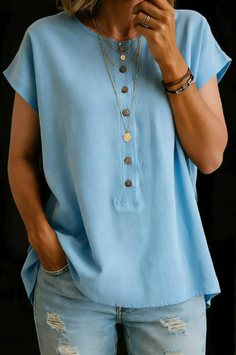 Solid Color Twisted Button Short Sleeved Shirt