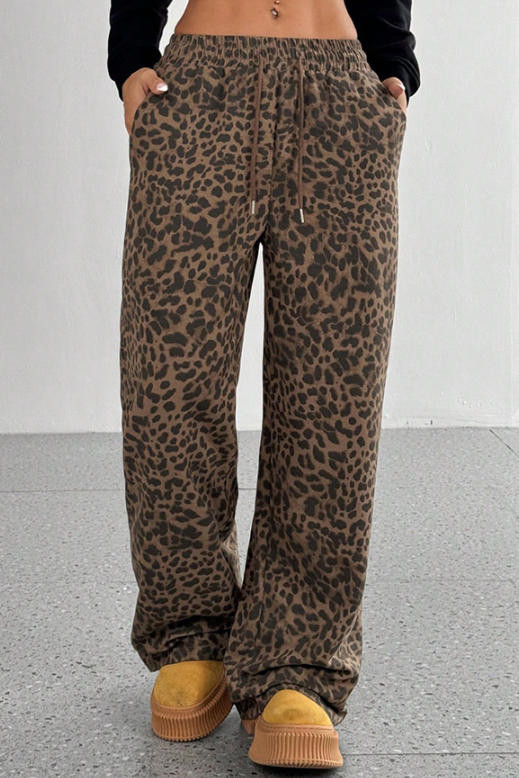 Elastic Waisted Leopard Print Wide Leg Pants