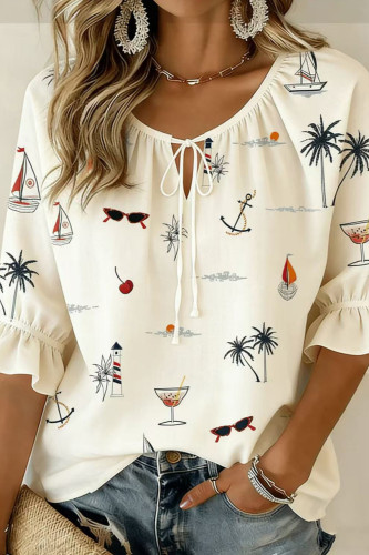 Printed Round Neck Short Sleeved Loose Shirt
