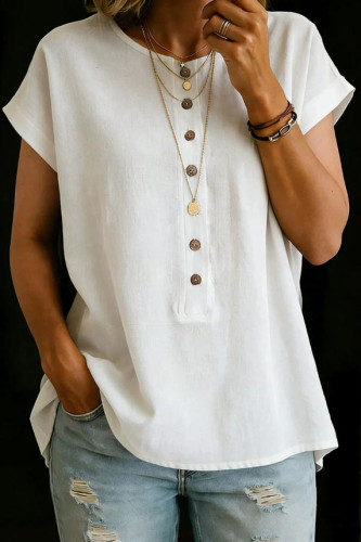 Solid Color Twisted Button Short Sleeved Shirt