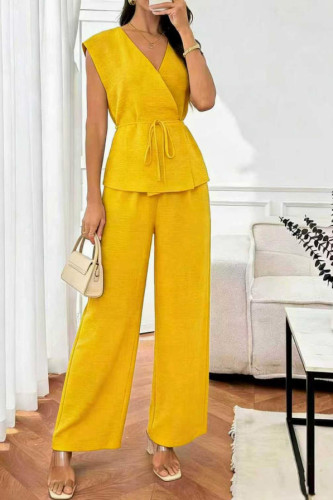V-neck Sleeveless Vest Wide Leg Pants 2-piece Set