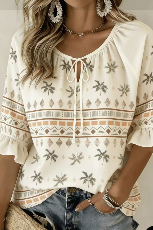 Printed Round Neck Short Sleeved Loose Shirt