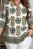 Large Size Retro V-neck Printed T-shirt