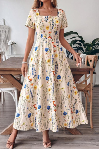 Square Neck Short Sleeved Printed Dress