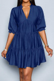 V-neck Bubble Short Sleeve Pleated Dress