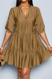 V-neck Bubble Short Sleeve Pleated Dress