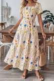 Square Neck Short Sleeved Printed Dress