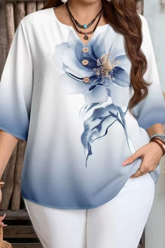 Large Size Retro V-neck Printed T-shirt