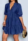 V-neck Bubble Short Sleeve Pleated Dress