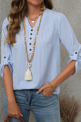 V-neck Seven Quarter Sleeve Striped Shirt