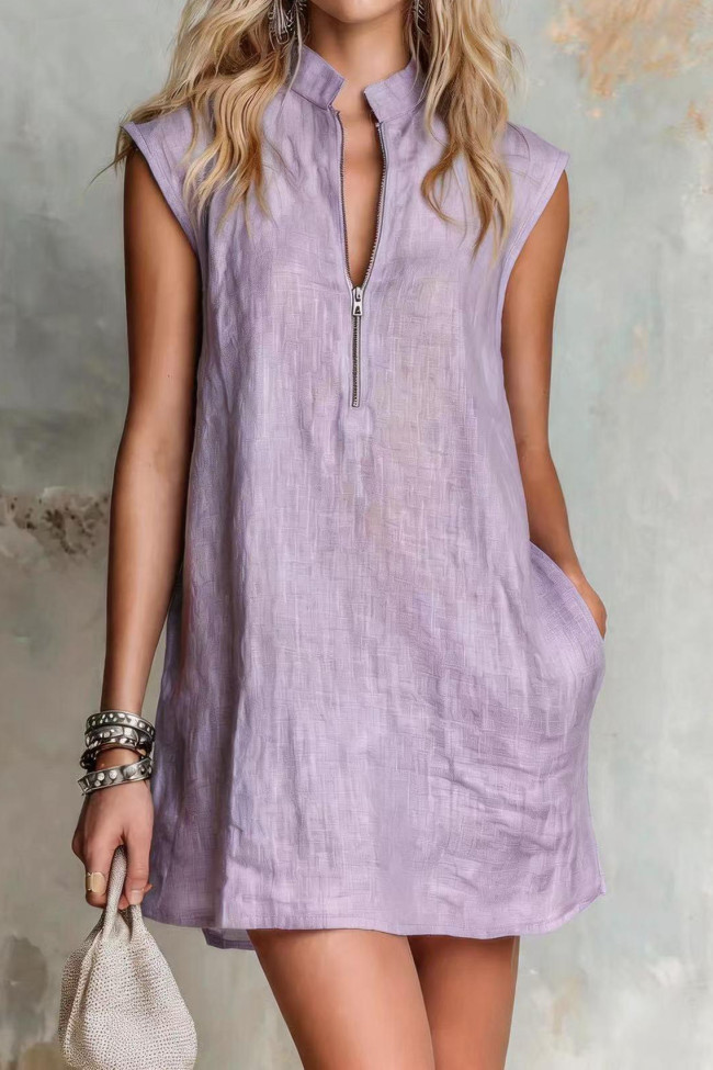 Solid Color Half Zip Sleeveless Dress