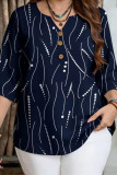 Large Size Retro V-neck Printed T-shirt