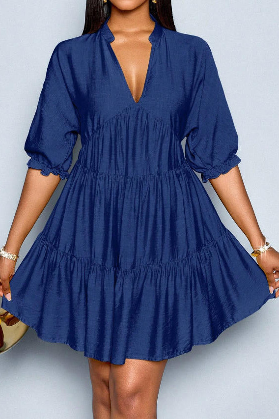 V-neck Bubble Short Sleeve Pleated Dress
