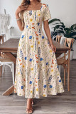 Square Neck Short Sleeved Printed Dress