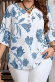 Large Size Retro V-neck Printed T-shirt