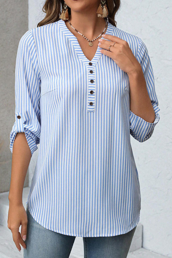 V-neck Seven Quarter Sleeve Striped Shirt