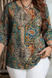 Large Size Retro V-neck Printed T-shirt