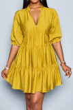 V-neck Bubble Short Sleeve Pleated Dress