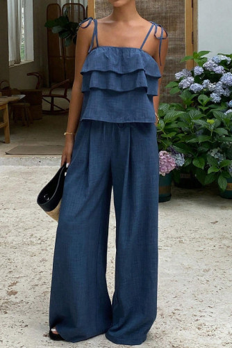Ruffled Sleeveless Vest Wide Leg Pants 2-piece Set