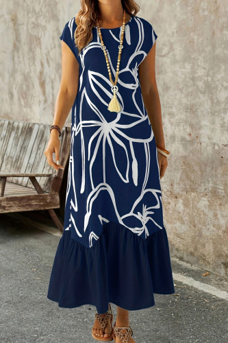 Printed Round Neck Short Sleeved Dress