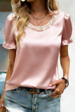Pearl Round Neck Ruffled Bubble Sleeve Satin Shirt