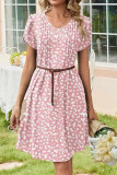 V-neck Pleated Bohemian Short Sleeve Dress