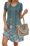 V-neck Pleated Bohemian Short Sleeve Dress