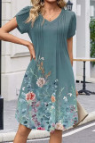 V-neck Pleated Bohemian Short Sleeve Dress