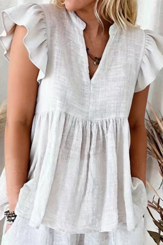 V-neck Ruffled Short Sleeved Shirt