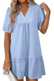 V-neck Bubble Short Sleeved Ruffled Dress
