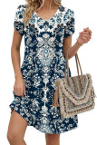 V-neck Pleated Bohemian Short Sleeve Dress