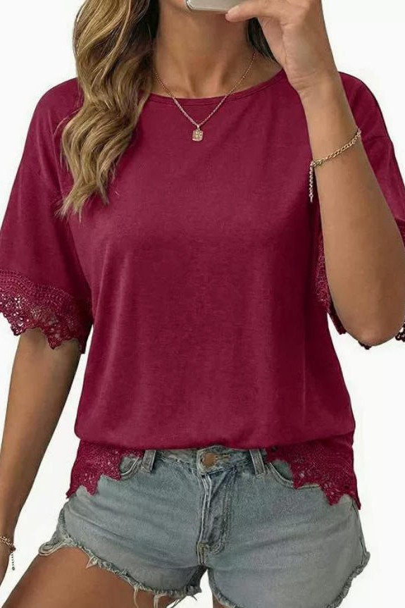 Round Neck Lace Short Sleeved Shirt