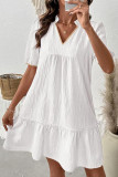 V-neck Bubble Short Sleeved Ruffled Dress