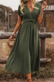 V-neck Pleated Waist Cinching Dress