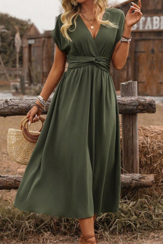 V-neck Pleated Waist Cinching Dress