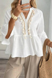 Solid Color V-neck Fringe Short Sleeve Shirt