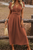 V-neck Pleated Waist Cinching Dress