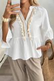 Solid Color V-neck Fringe Short Sleeve Shirt