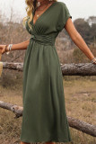 V-neck Pleated Waist Cinching Dress