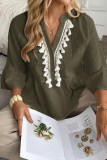 Solid Color V-neck Fringe Short Sleeve Shirt