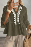Solid Color V-neck Fringe Short Sleeve Shirt