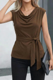 Round Neck Waist Cinched Solid Color Shirt