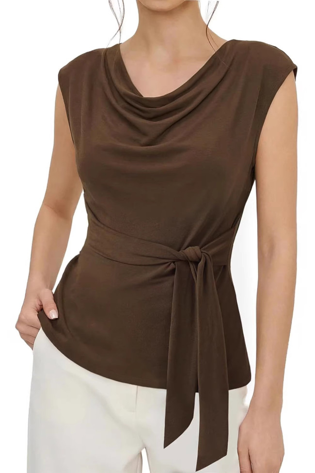 Round Neck Waist Cinched Solid Color Shirt