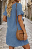 V-neck Ruffled Short Sleeved Denim Dress