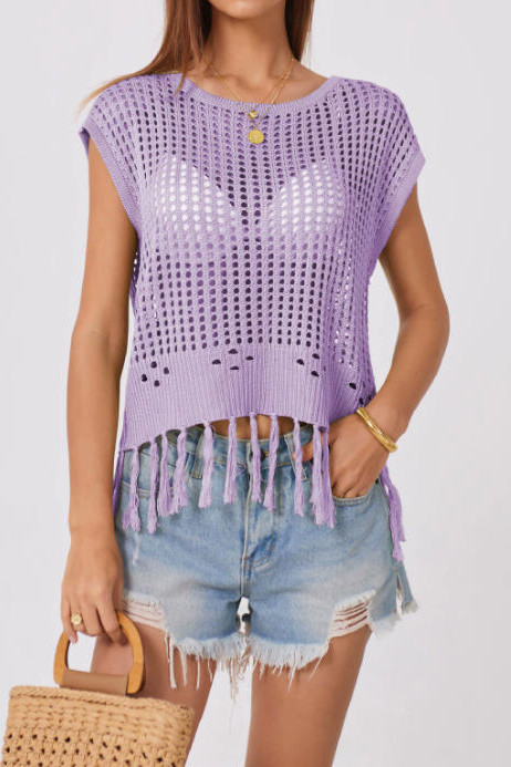 Tassel Loose Round Neck Hollow Knit Sweater